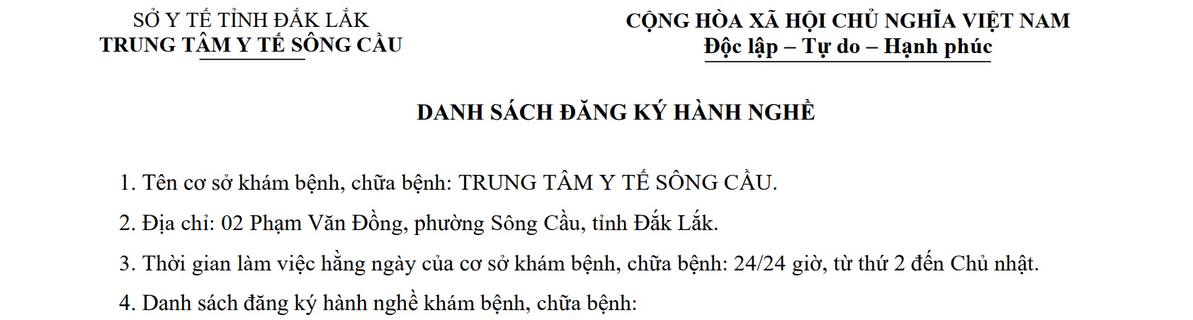 Danh sách hành nghề Trung Tâm Y tế Sông Cầu ngày 10/12/2025